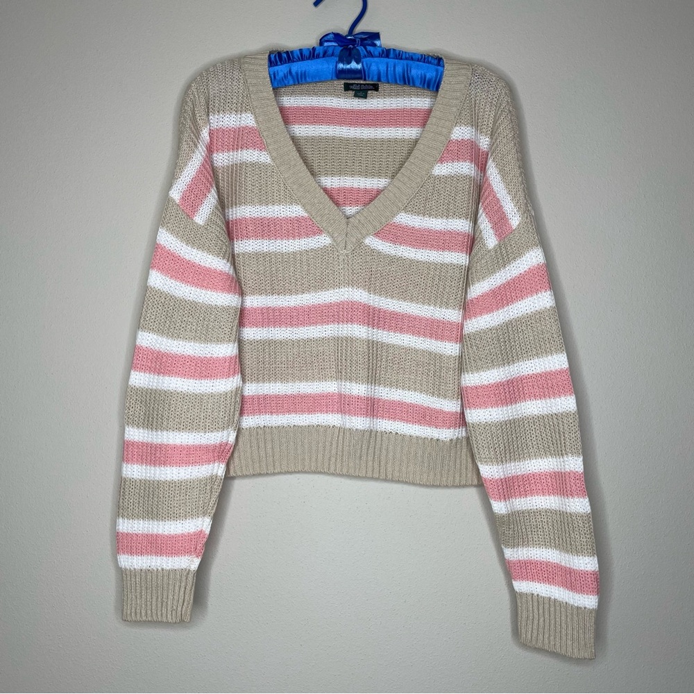 Wild Fable Cropped V-Neck Sweater - Tan, Pink, and White Stripes